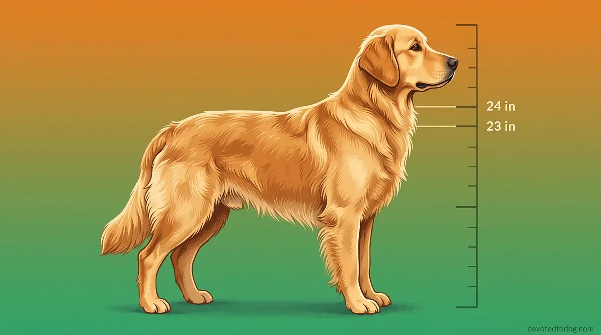 One-year-old Golden Retriever shown at near-adult height with adolescent body proportions and developing coat