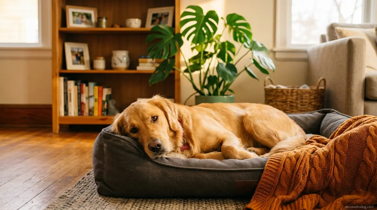 One-year-old Golden Retriever relaxing on dog bed in new home during the 30-day adjustment period after adoption