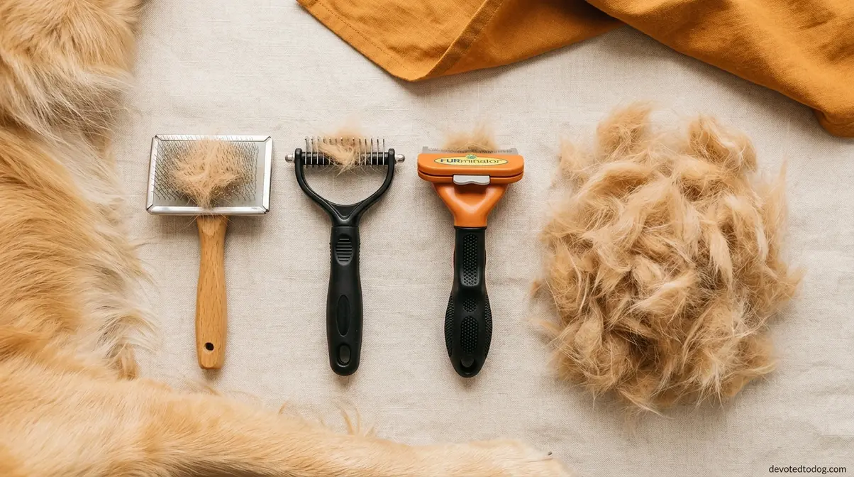 Golden Retriever grooming tools including slicker brush undercoat rake and deshedding tool with collected golden fur
