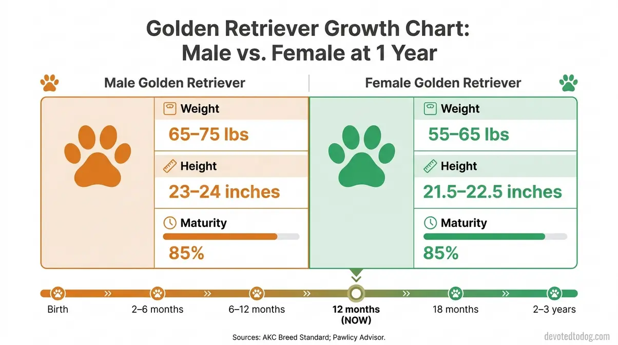 1-year-old Golden Retriever growth chart comparing male and female weight and height milestones