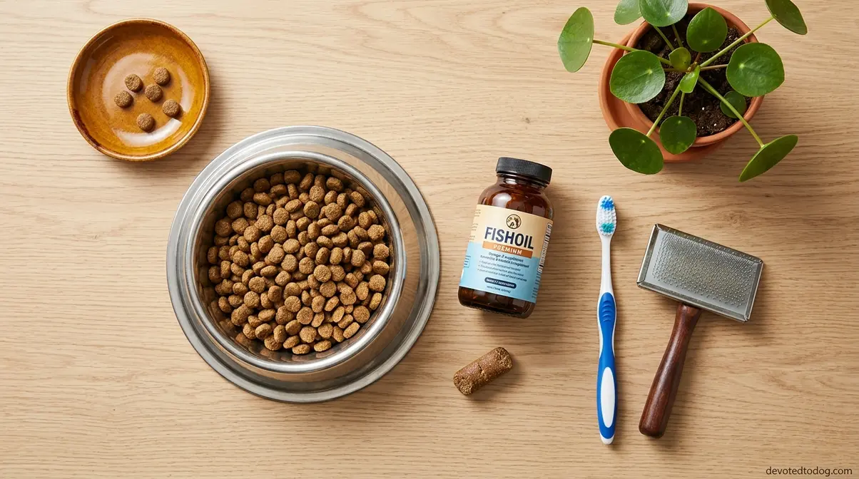 Golden Retriever daily care essentials including food bowl, supplements, grooming brush, and health supplies
