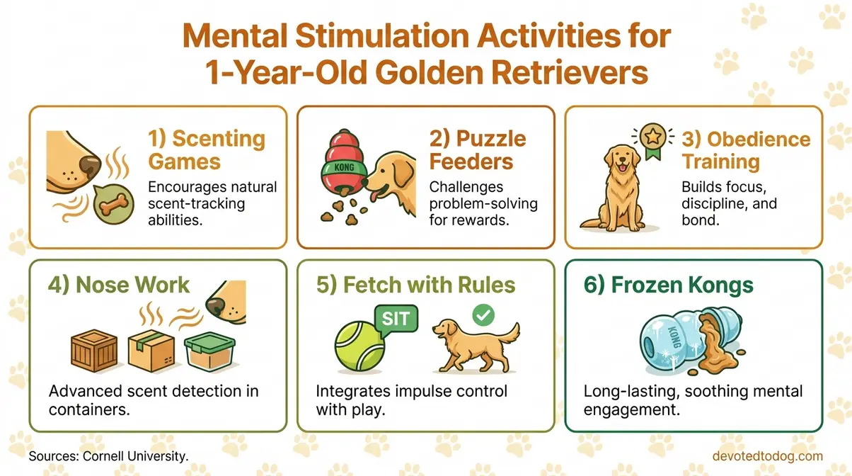 Diagram of six mental stimulation activities for adolescent Golden Retrievers including puzzle feeders and scent games