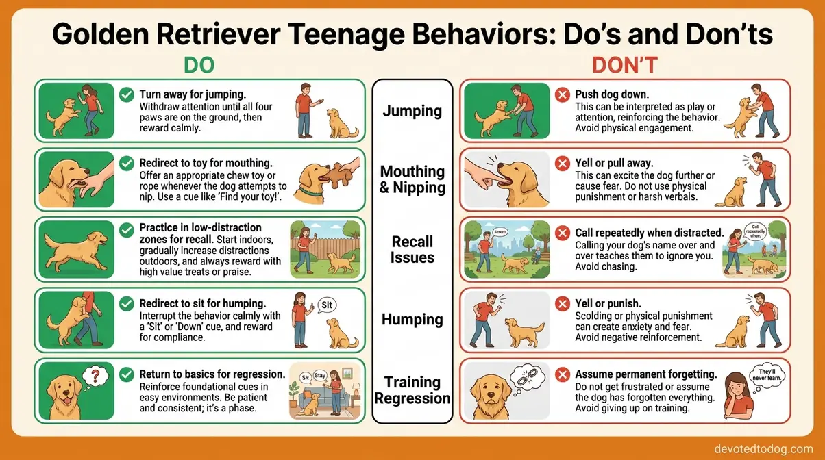 Comparison chart showing correct and incorrect owner responses to 1-year-old Golden Retriever adolescent behaviors