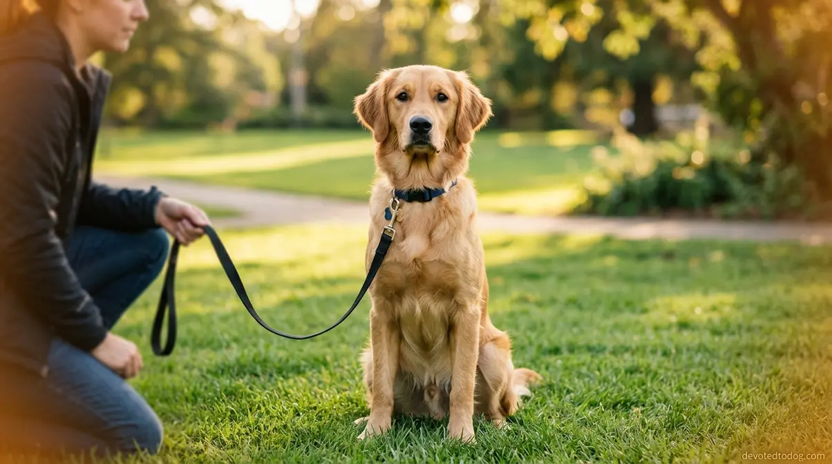One-year-old Golden Retriever sitting attentively during training session showing adolescent focus and eagerness