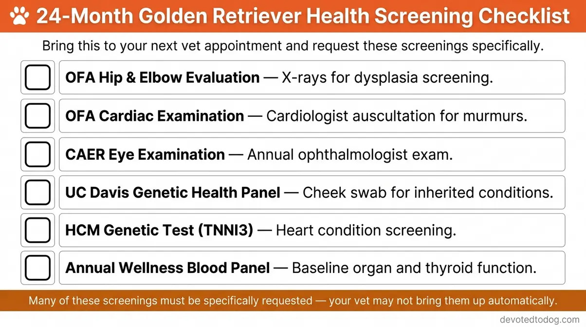 Printable health screening checklist for 2-year-old golden retriever showing OFA hip cardiac and eye exam requirements