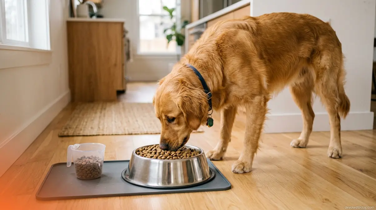 2-year-old Golden Retriever eating adult large-breed kibble from stainless steel bowl with measuring cup nearby