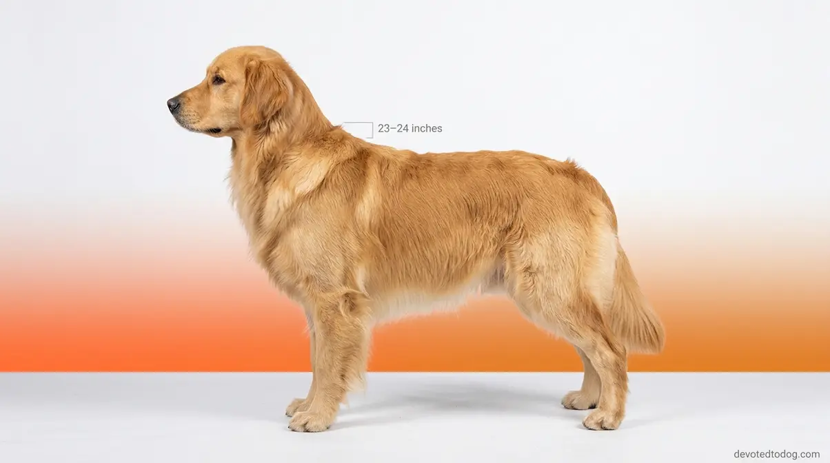 Adult Golden Retriever standing in profile showing full height and coat development at two years old