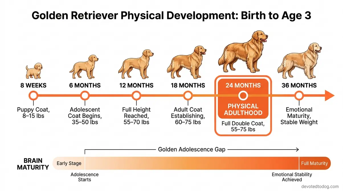 Infographic timeline showing 2-year-old golden retriever physical milestones including coat development weight and height benchmarks