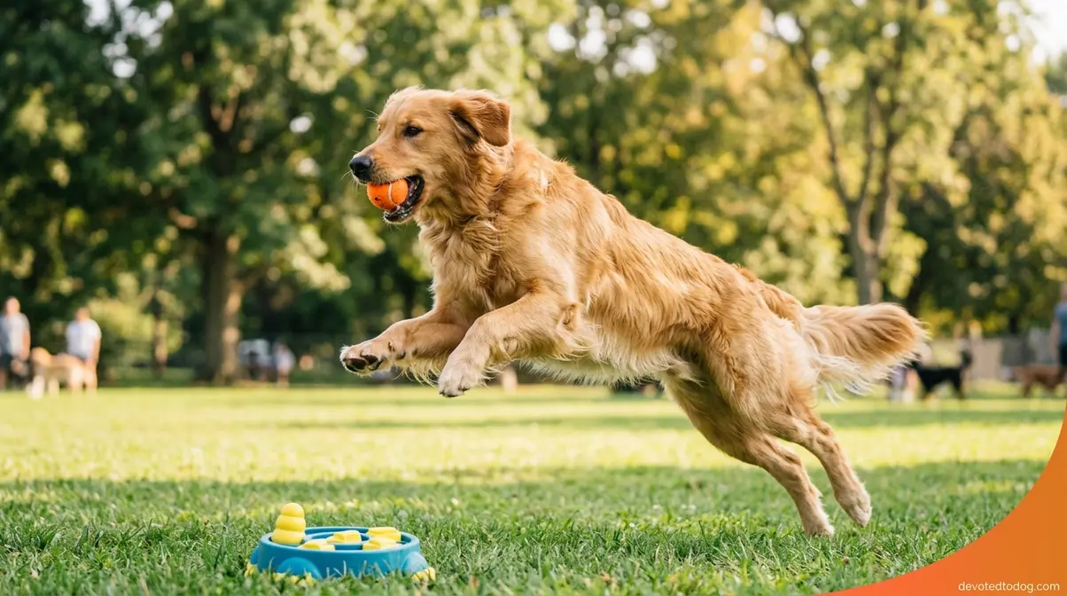 Energetic 2-year-old Golden Retriever leaping to catch tennis ball at dog park with puzzle feeder nearby