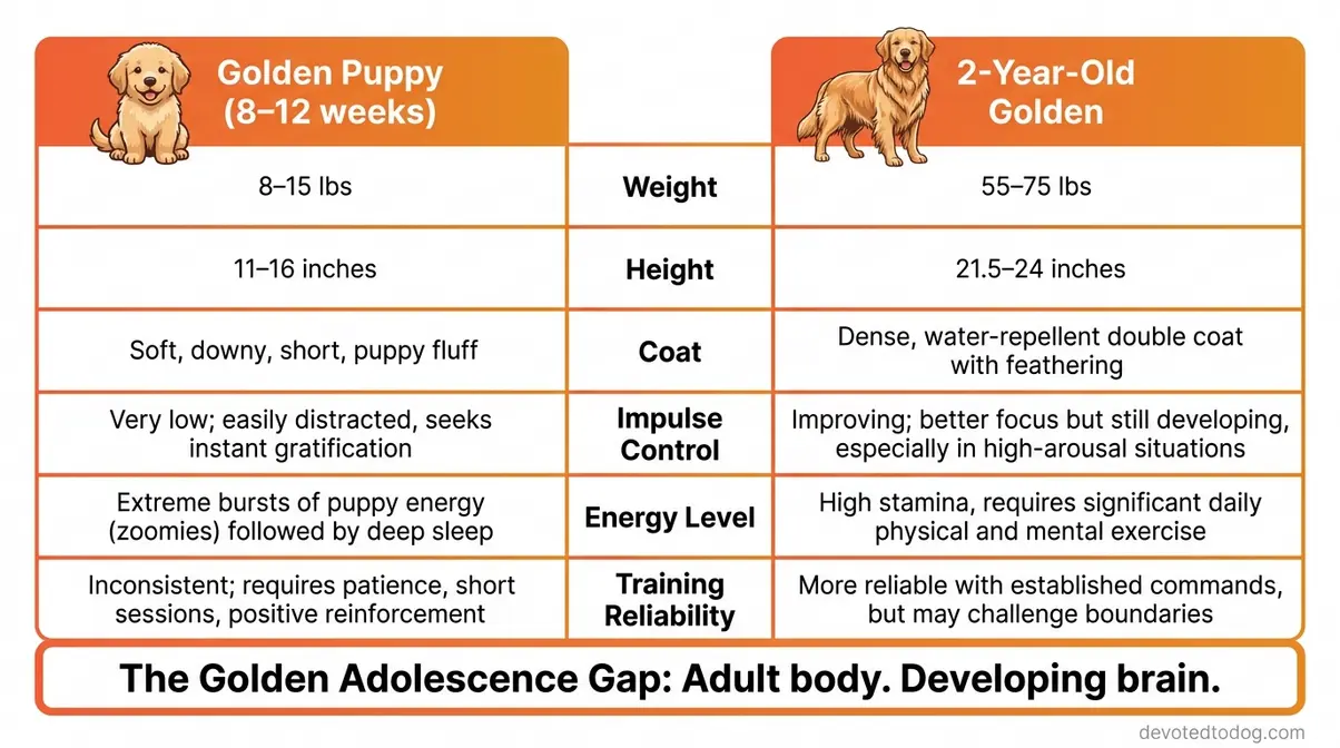 Comparison chart showing physical and behavioral differences between a golden retriever puppy and a 2-year-old golden retriever