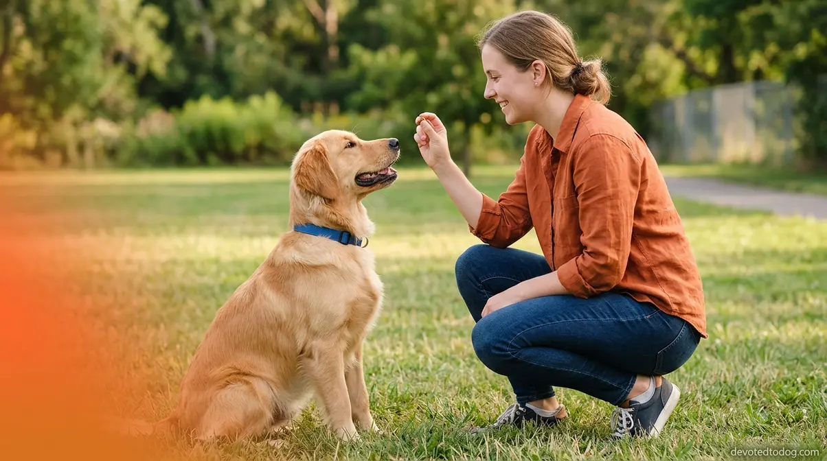 Golden Retriever in positive reinforcement training session sitting attentively for owner with treat reward