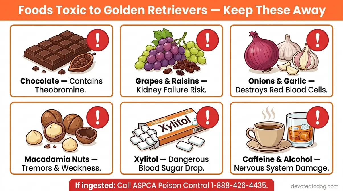 Illustrated guide showing 6 toxic foods to keep away from golden retrievers including chocolate grapes and xylitol