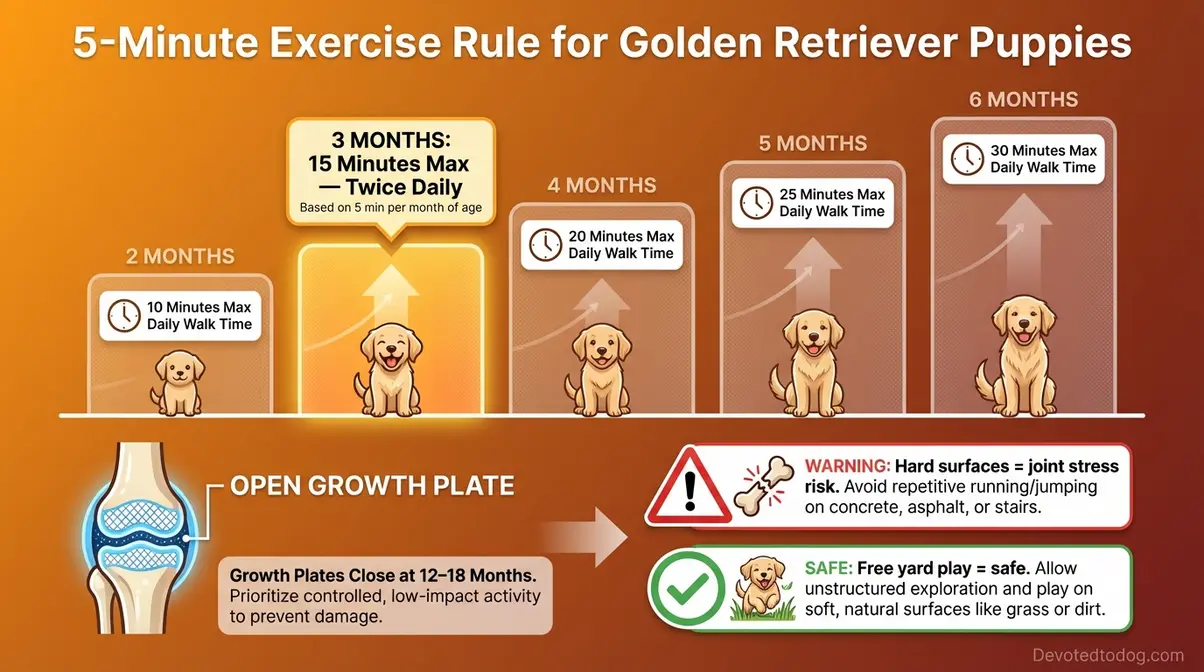 Diagram showing 5-minute exercise rule per month of age for golden retriever puppy development and joint protection