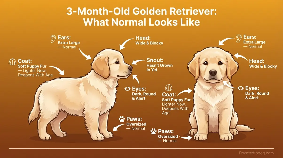 3 month old golden retriever puppy showing typical floppy ears, wide blocky head, and fluffy coat at 12 weeks