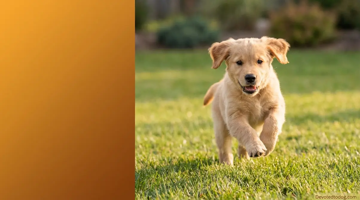 3 month old golden retriever puppy running in yard showing energetic land shark developmental stage behavior