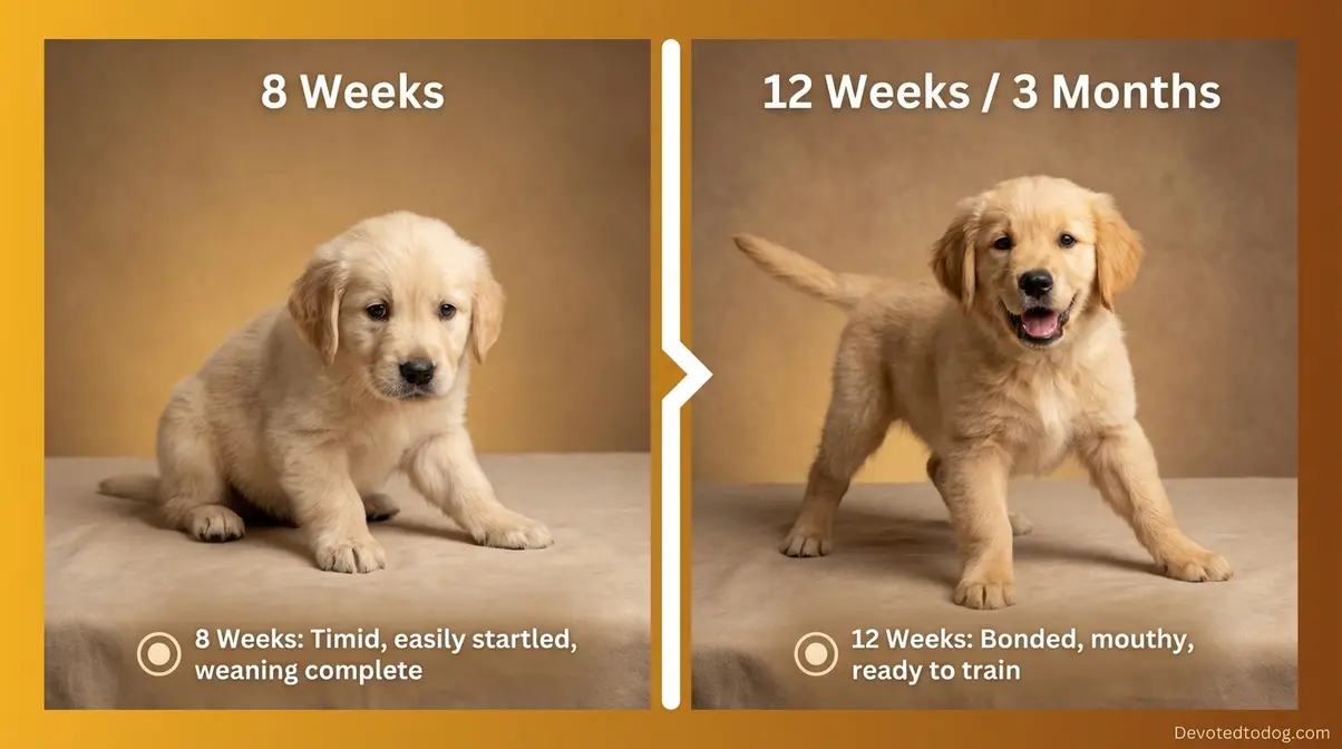 Golden retriever puppy comparison at 8 weeks versus 3 months showing rapid development and size growth