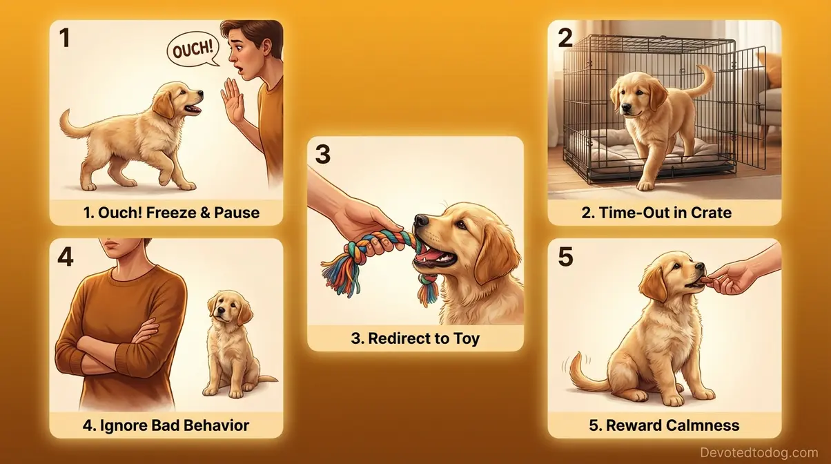 Five bite inhibition training techniques for golden retriever puppy showing yelp freeze redirect time-out and reward steps