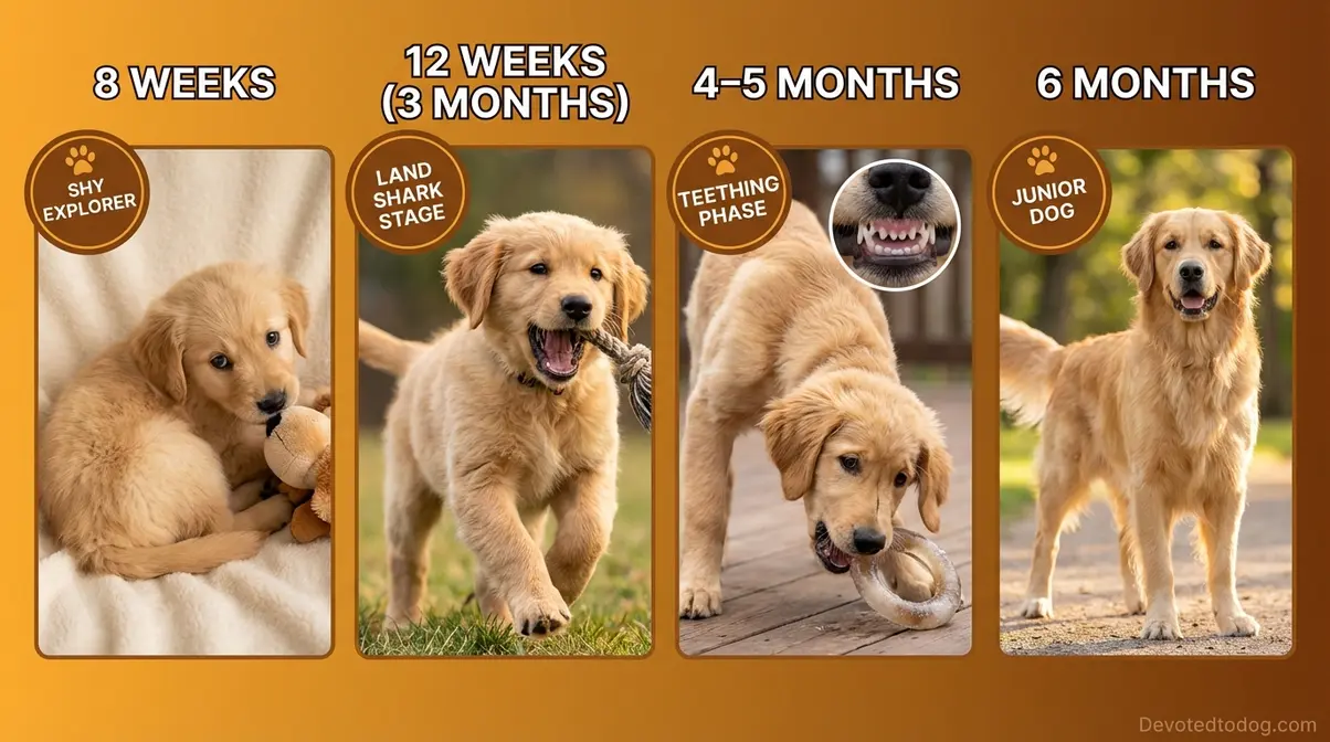 Golden retriever growth timeline from 8 weeks to 6 months showing size and behavior changes across developmental stages