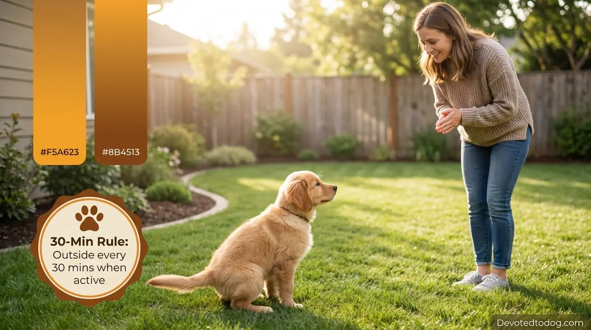 Golden retriever puppy potty training outside on grass with owner using 30 minute rule schedule