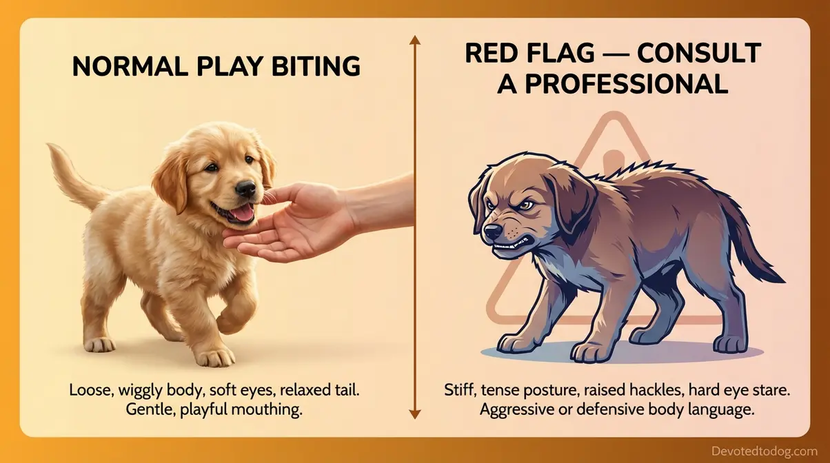 Golden retriever puppy behavior comparison showing normal play biting versus red flag aggression warning signs