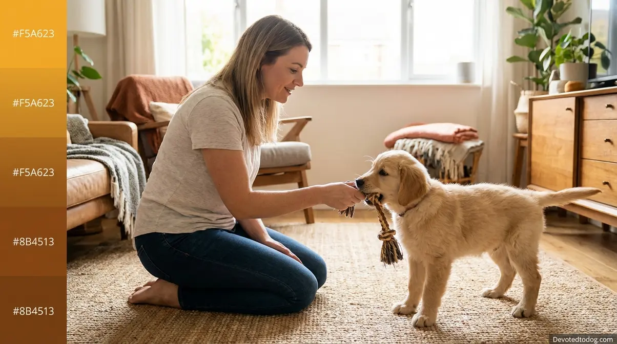 Owner training 3 month old golden retriever puppy bite inhibition by redirecting biting to rope toy