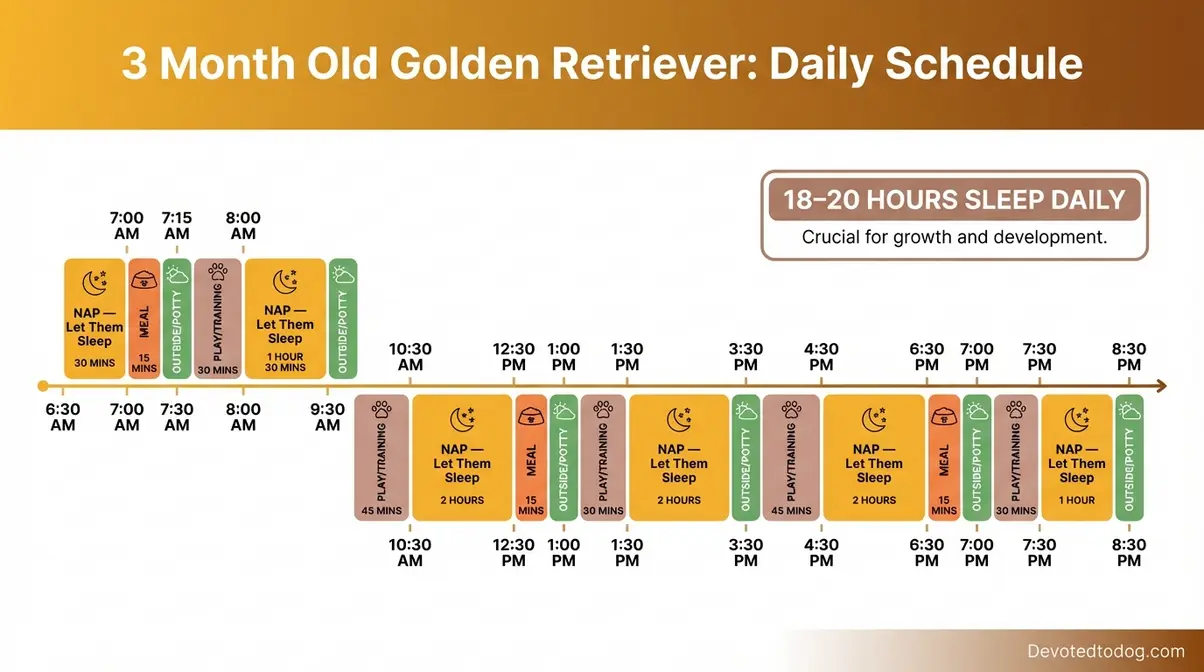 Hour-by-hour daily schedule for 3 month old golden retriever puppy showing sleep, meals, and play blocks