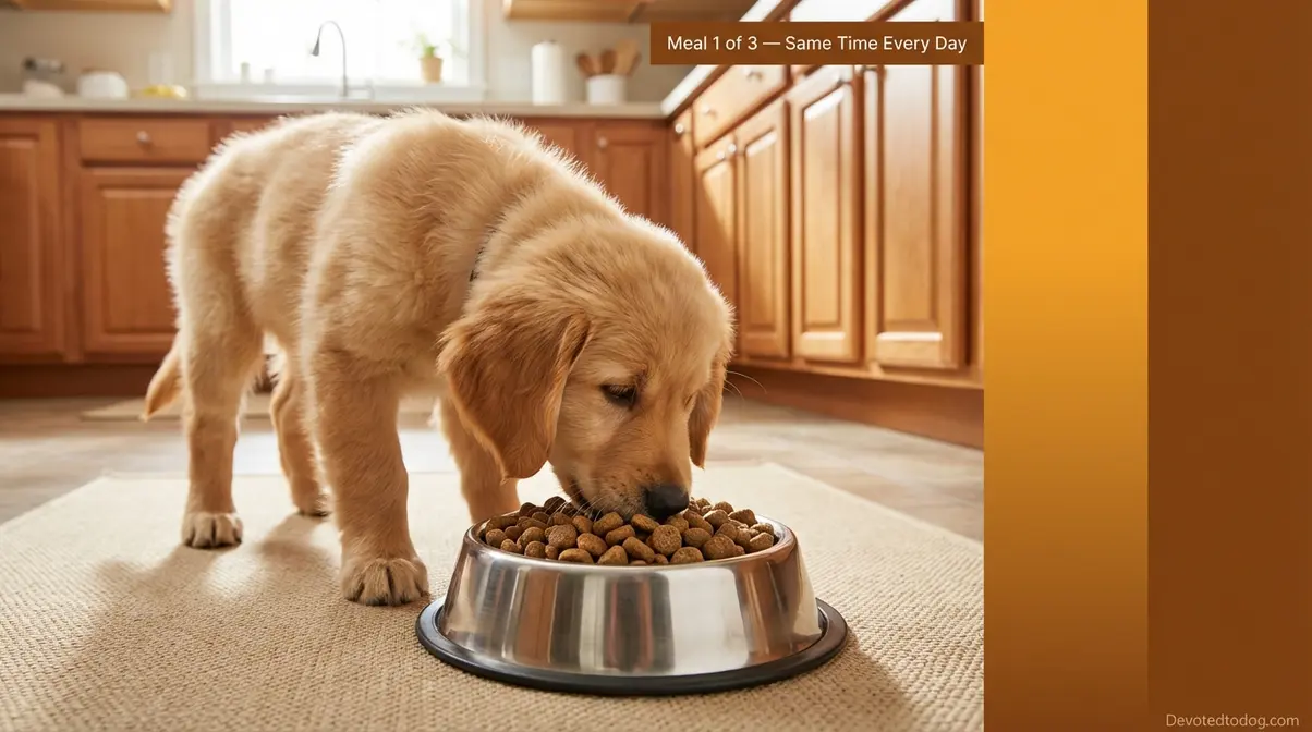 3 month old golden retriever puppy eating from bowl on three meals per day structured feeding schedule