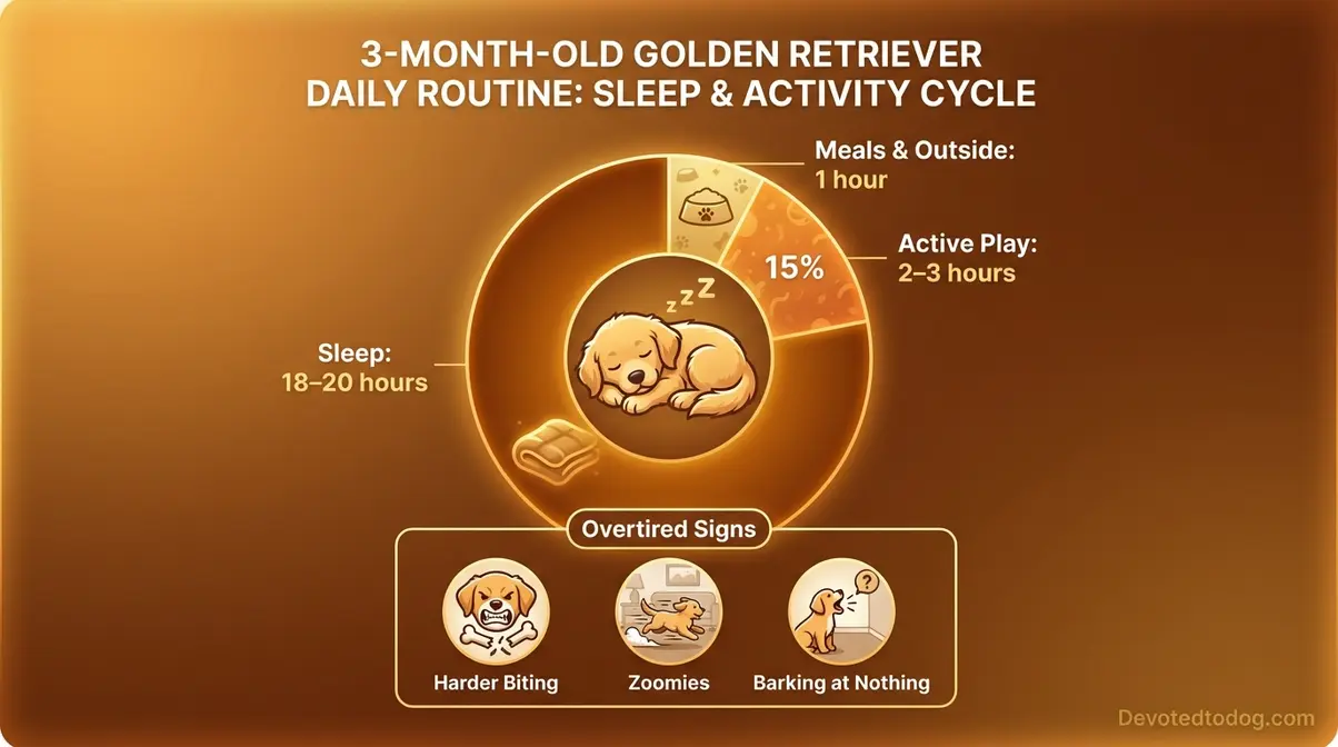 Golden retriever puppy daily sleep hours chart showing 18 to 20 hours needed per day with overtired behavior signs