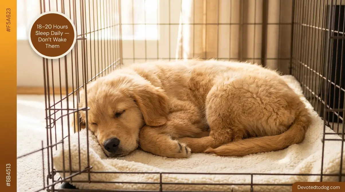 3 month old golden retriever puppy sleeping in crate during daytime nap needing 18 to 20 hours daily