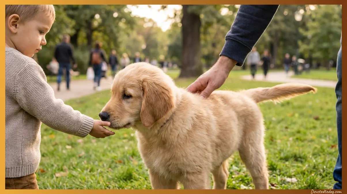3 month old golden retriever puppy socializing with child in park during critical 14-week socialization window