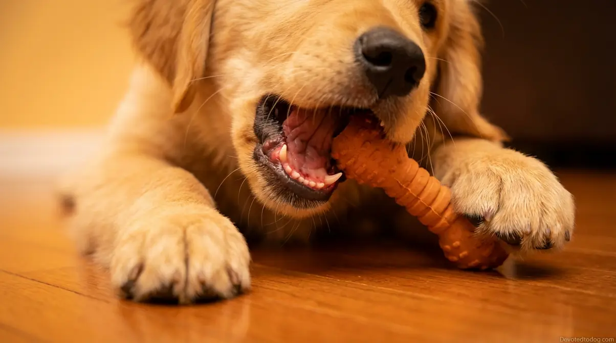 3 month old golden retriever puppy showing baby teeth during teething and biting phase at 12 weeks