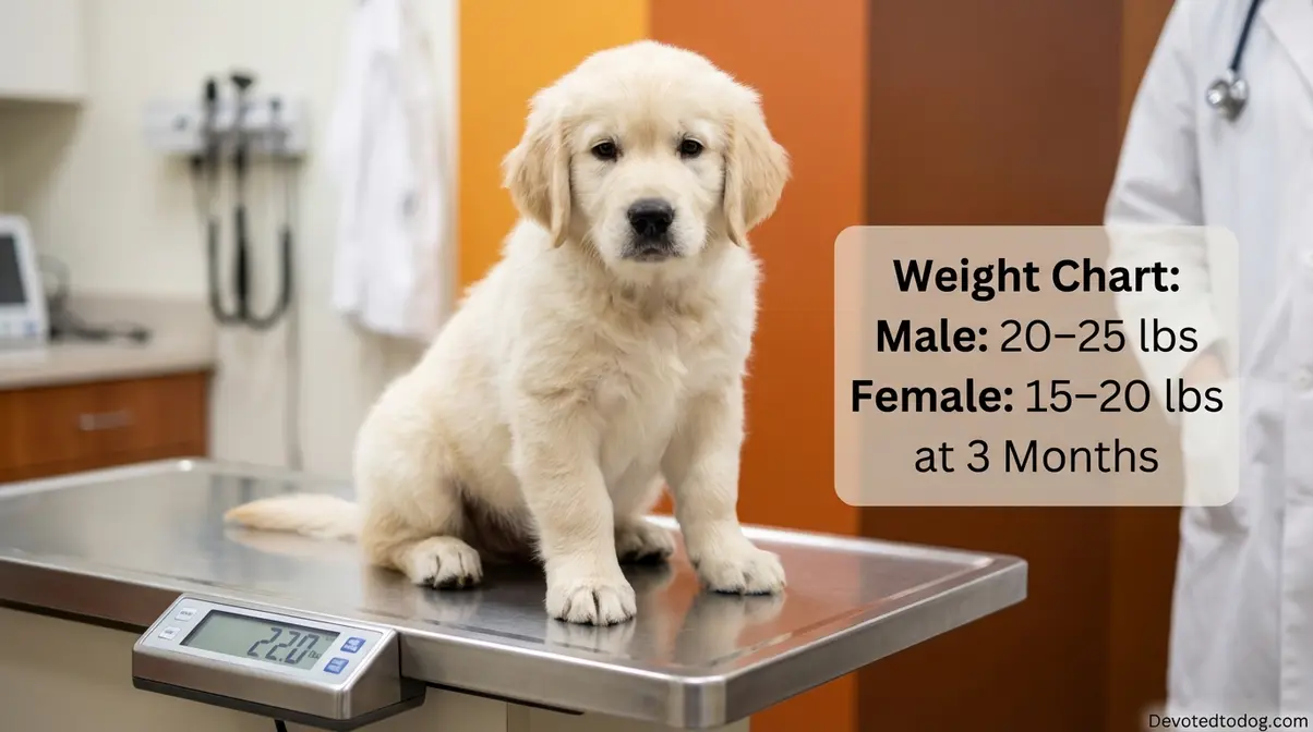3 month old golden retriever puppy being weighed on veterinary scale showing healthy weight range