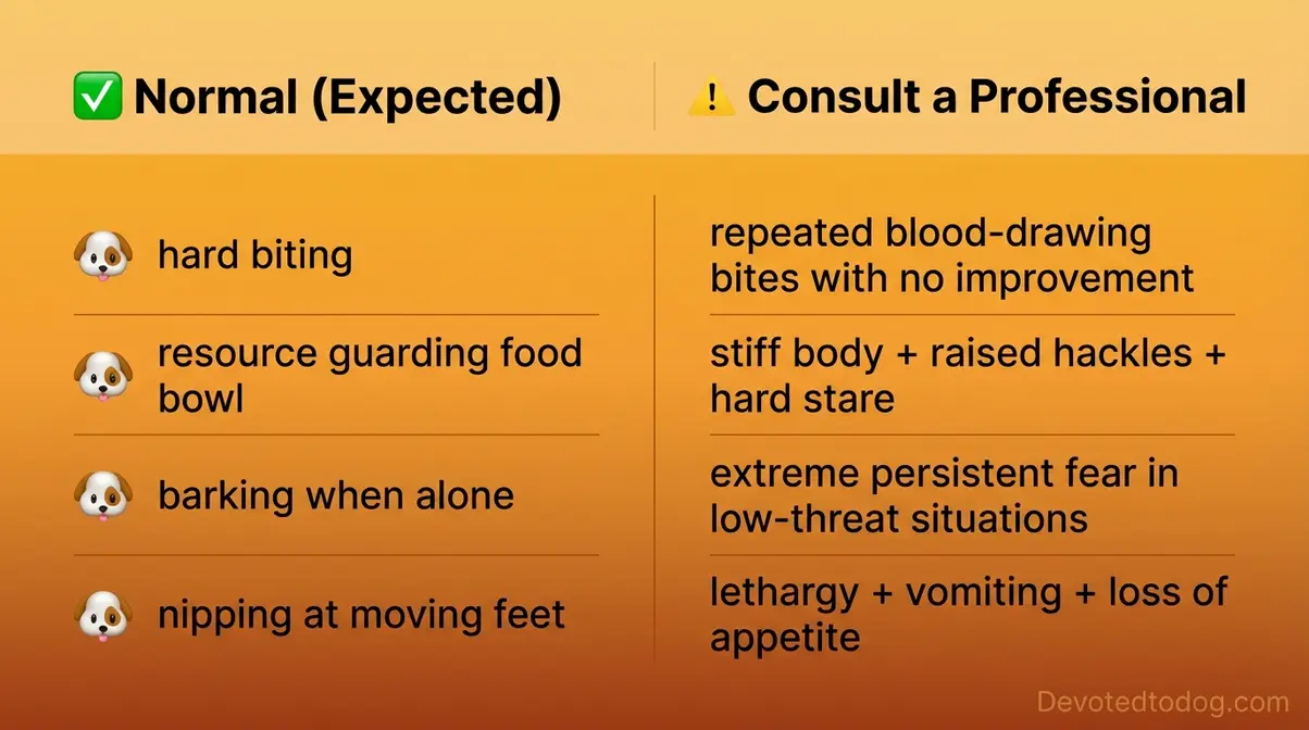 Puppy behavior red flags checklist comparing normal golden retriever biting versus concerning aggression warning signs