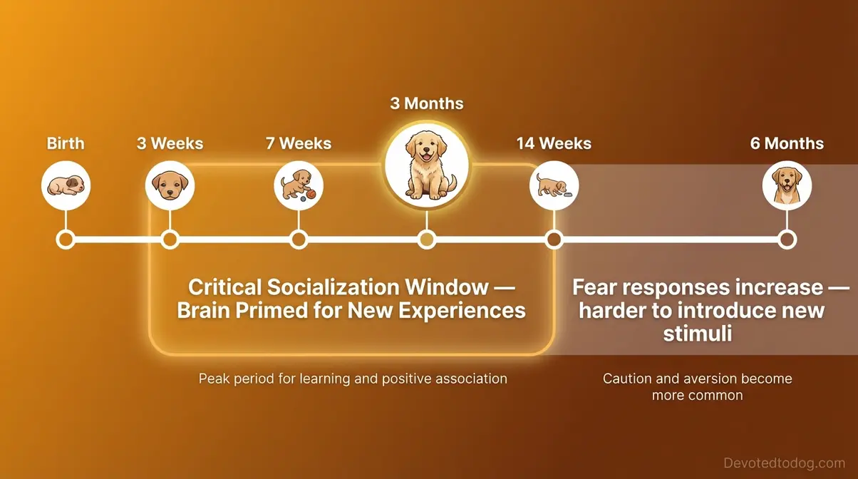 Golden retriever puppy socialization window timeline showing critical 3 to 14 week brain development period