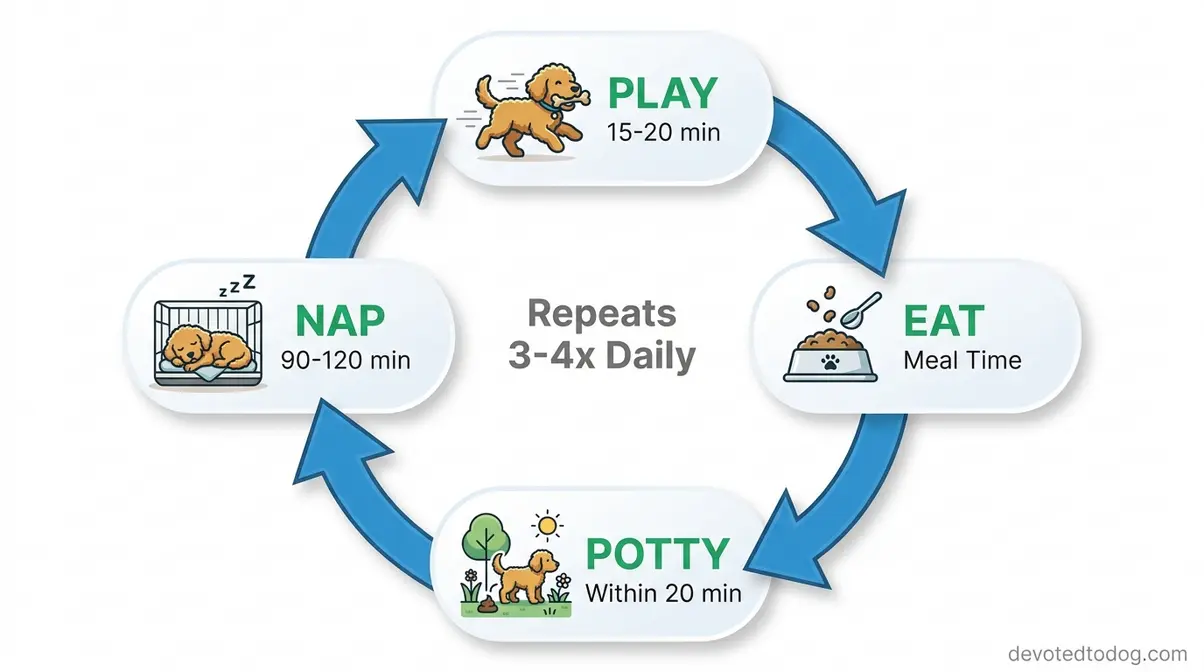 Circular diagram showing the play, eat, potty, and nap cycle for a 3-month-old Goldendoodle puppy