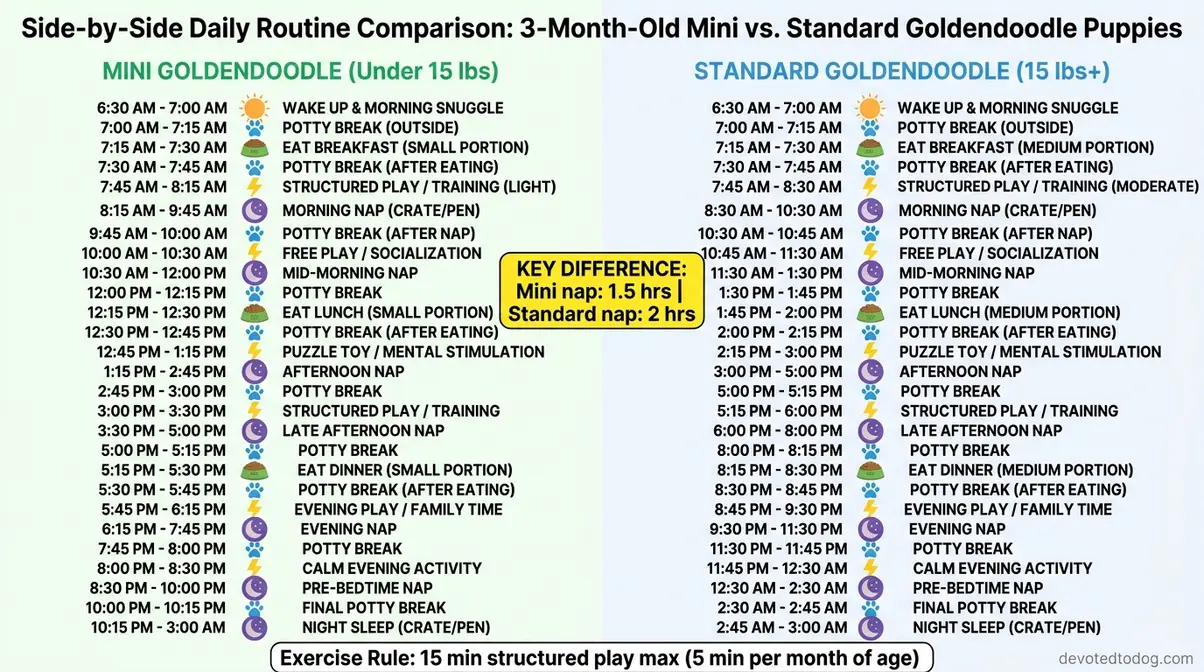 Daily routine chart for a 3-month-old Goldendoodle showing Mini and Standard schedules with wake, eat, play, potty, and nap times