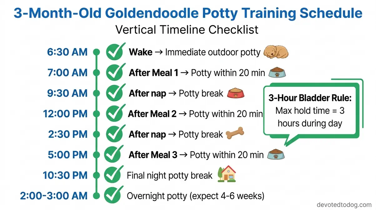 Potty training schedule chart for a 3-month-old Goldendoodle showing timed outdoor breaks and post-meal intervals