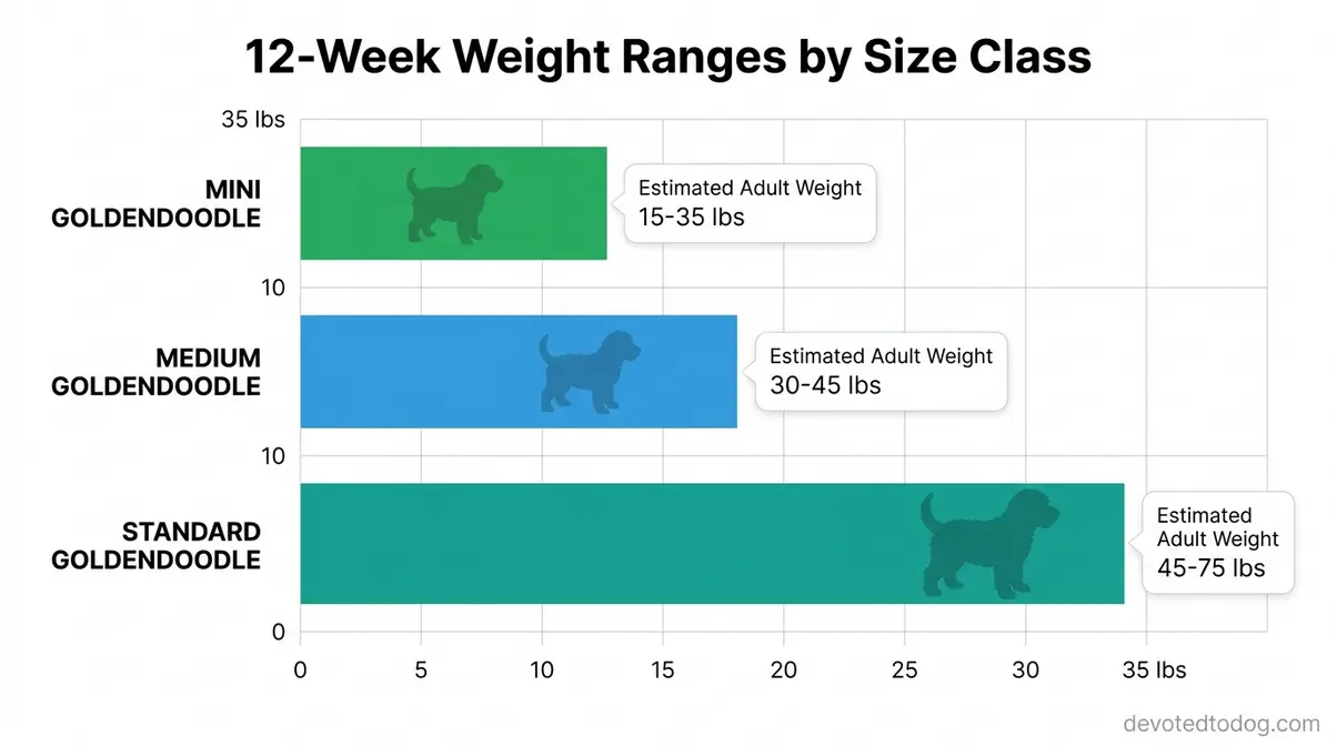 Weight chart comparing 3-month-old Goldendoodle sizes: Mini 6-12 lbs, Medium 12-18 lbs, Standard 18-32 lbs