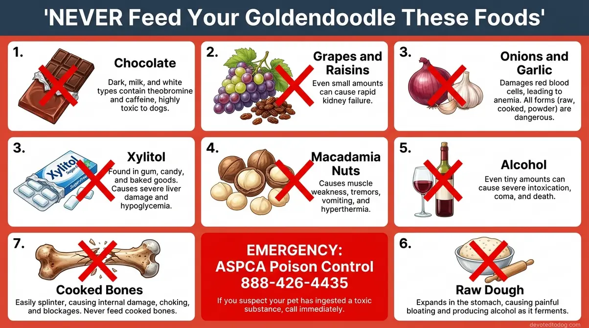 Infographic of foods toxic to Goldendoodle puppies including chocolate, grapes, xylitol, and onions with poison control number