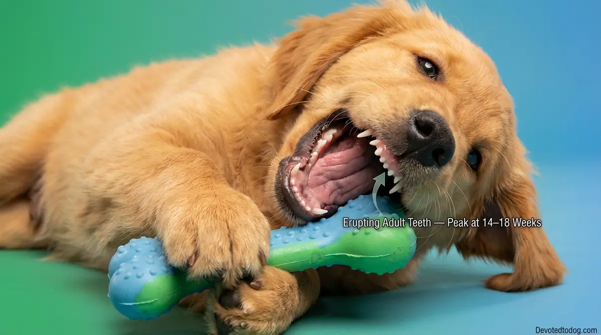 4 month old golden retriever puppy in playful biting pose showing mixed dentition during peak teething phase