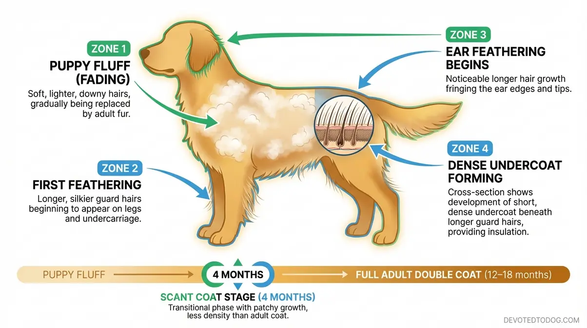 Diagram showing puppy fluff transitioning to adult double coat and feathering on a 4 month old golden retriever