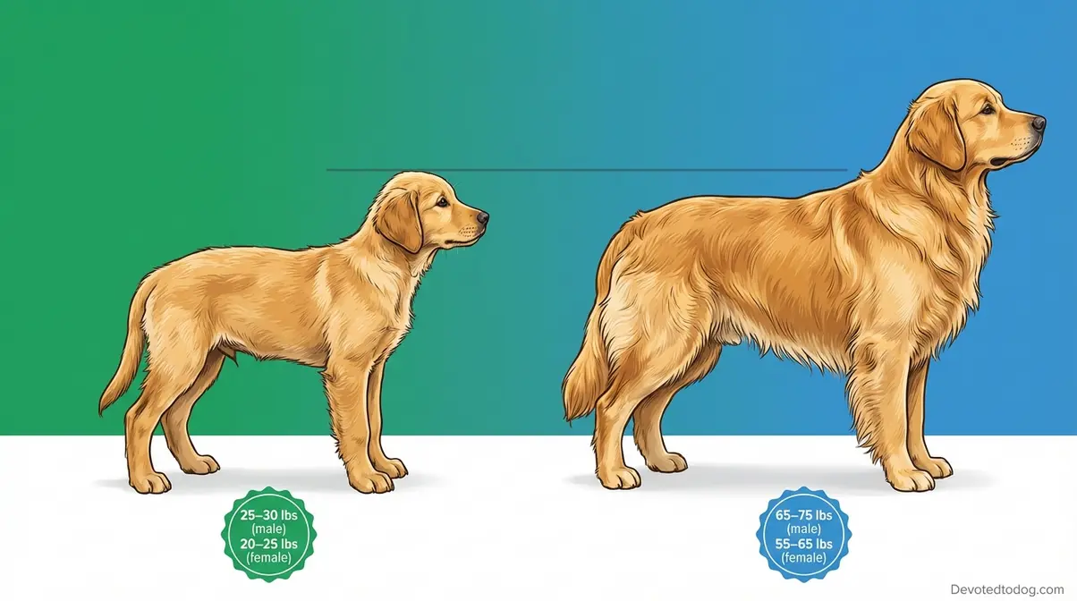 Side-by-side comparison of a 4 month old golden retriever puppy and adult showing size and weight difference