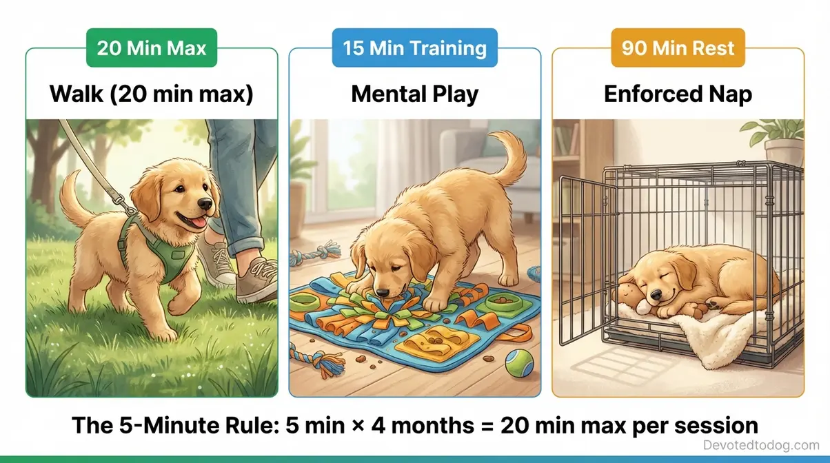 Daily exercise and sleep routine illustration for a 4 month old golden retriever showing walk time mental play and nap schedule
