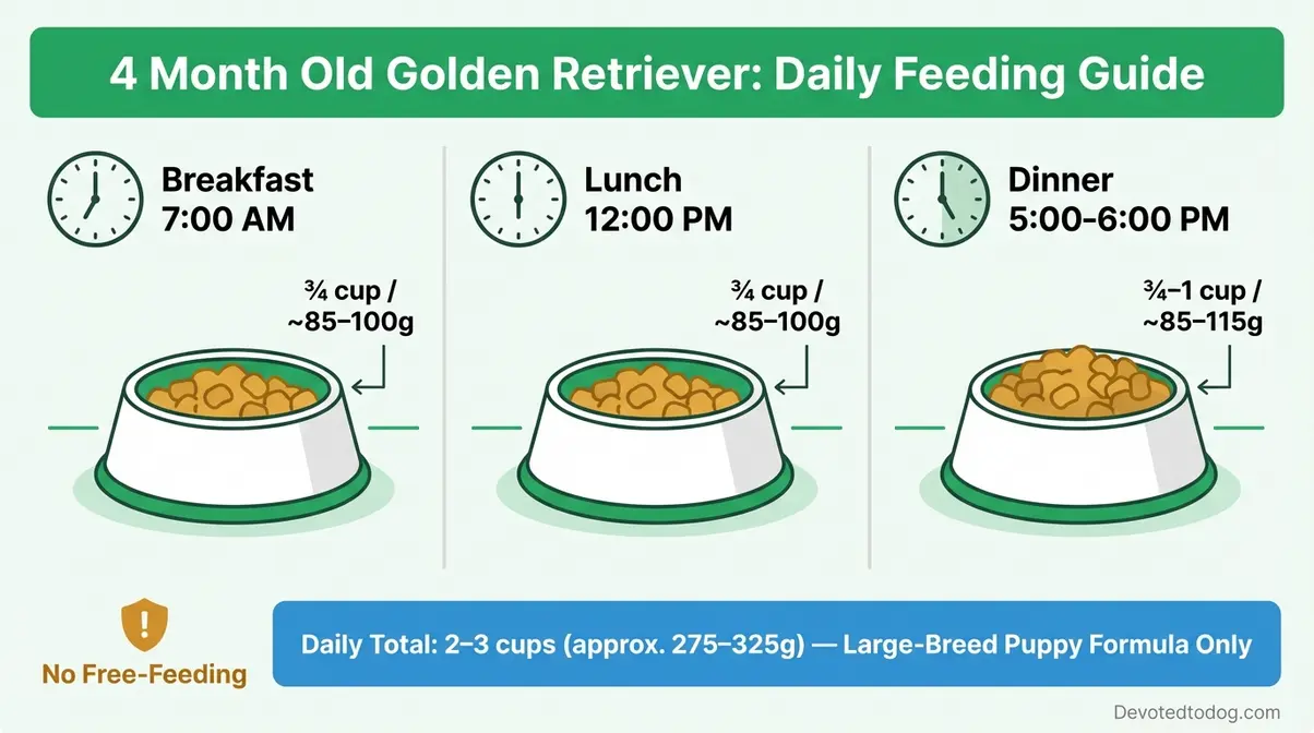 Visual feeding guide showing how to split 2 to 3 cups of puppy food into 3 daily meals for a 4 month old golden retriever