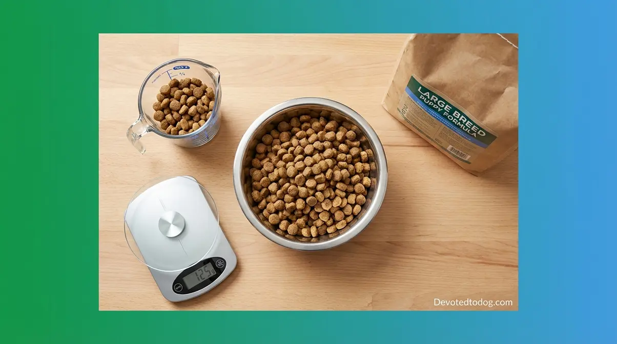 Large-breed puppy food bowl with measuring cup and kitchen scale showing precise feeding amount for 4 month old golden retriever
