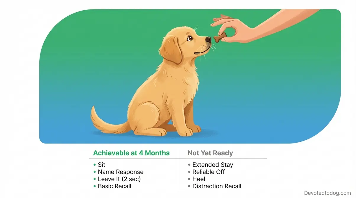 Golden retriever puppy sitting during positive reinforcement training showing realistic commands achievable at 4 months old