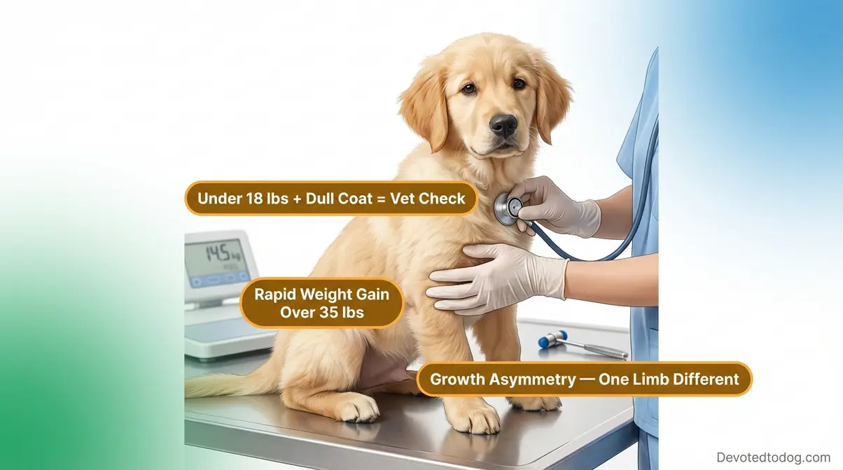 Golden retriever puppy at veterinary checkup with warning signs for weight and growth issues at 4 months