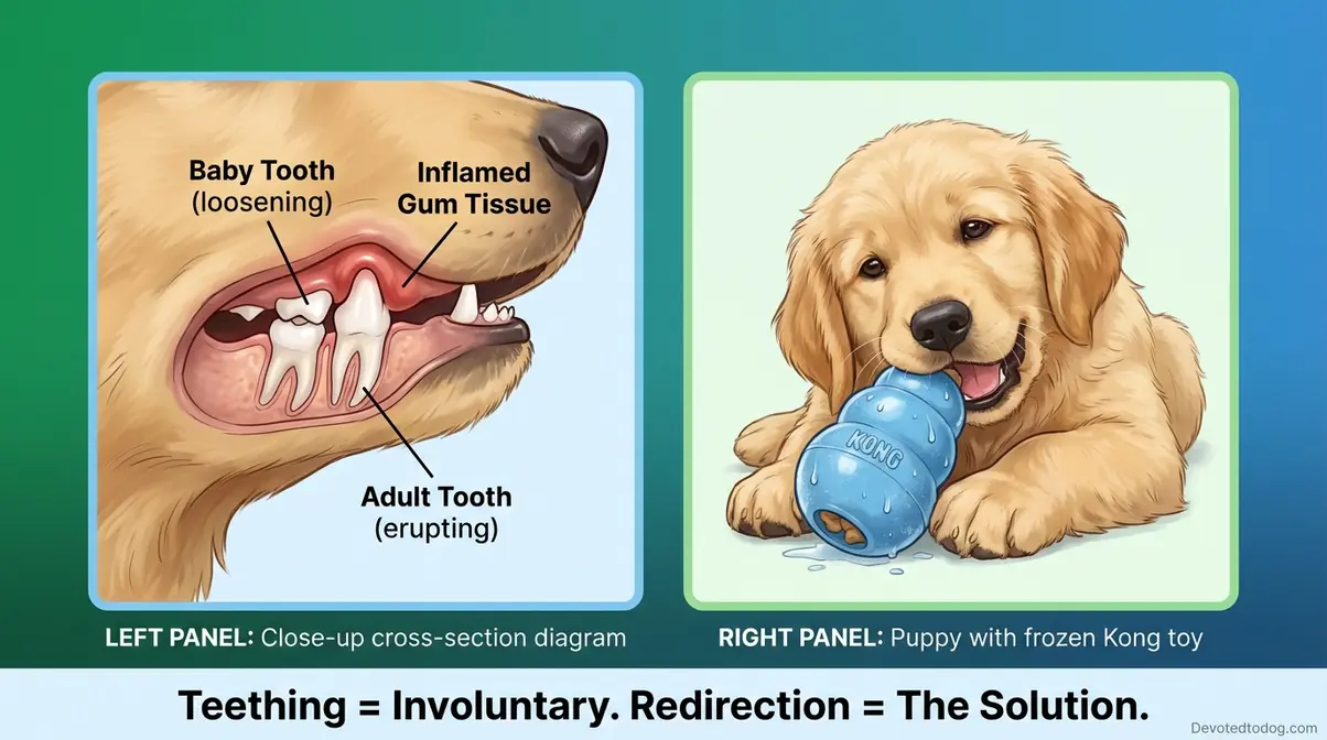 Diagram showing why a 4 month old golden retriever bites due to adult teeth erupting through inflamed puppy gums
