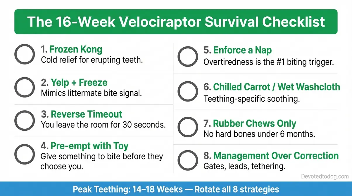 Infographic checklist of 8 redirection strategies for managing a 4 month old golden retriever biting phase