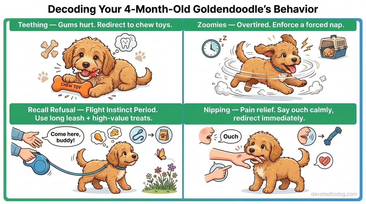 Illustrated guide decoding four-month-old Goldendoodle behaviors including teething, zoomies, recall refusal, and nipping with redirection tips